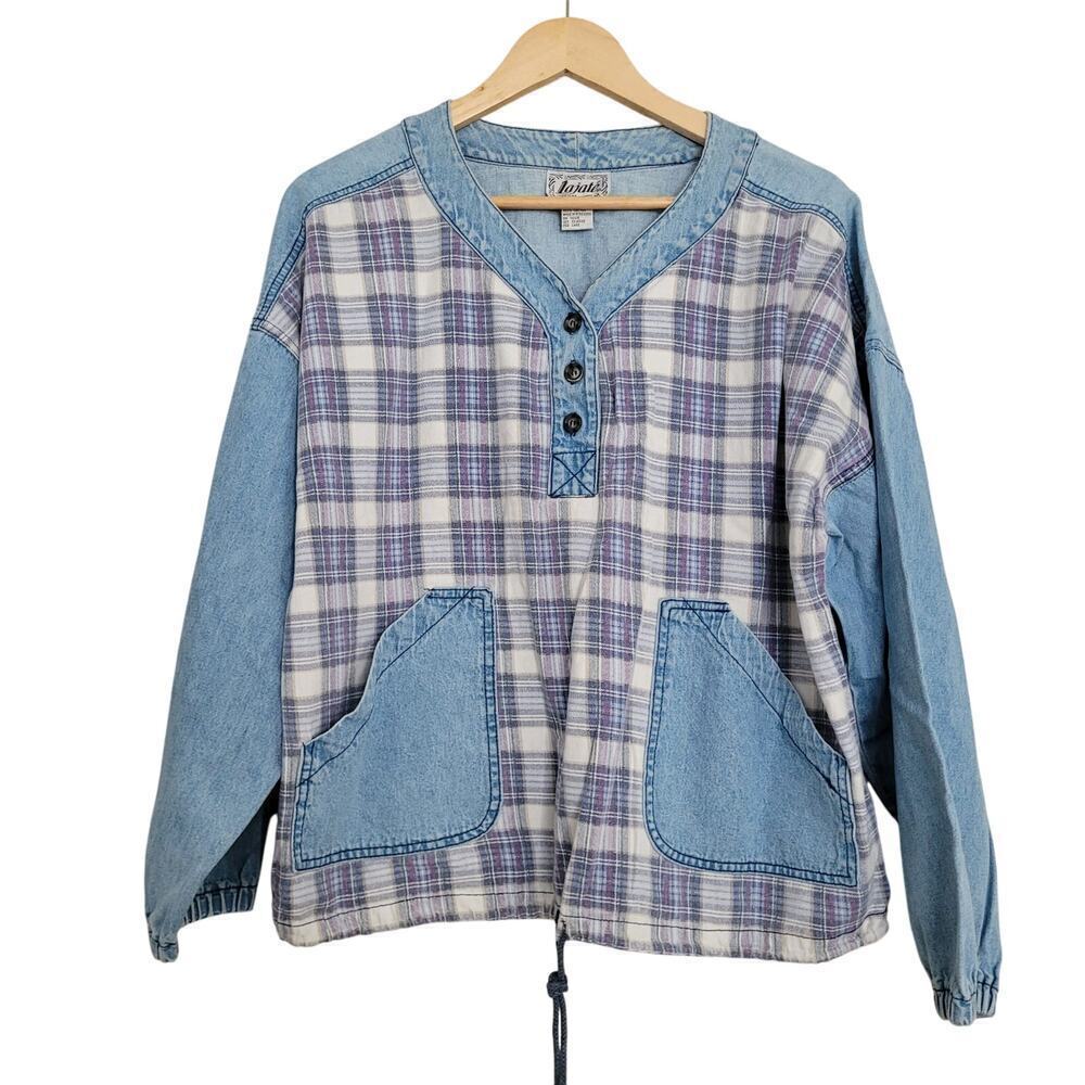 Lajate Women Denim Top M Blue Plaid Cotton Long Sleeve Front Pockets Vintage 90s